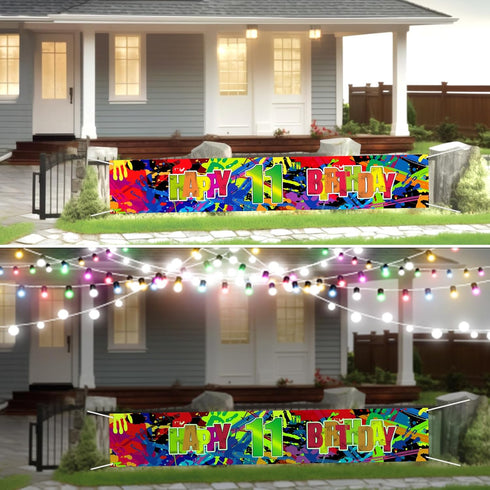 Colorful Neon Graffiti Happy 11th Birthday Banner, Glow in the Dark 11th Birthday Yard Banner Sign, Splash Paint Polyester Children Kids Eleven Ye...