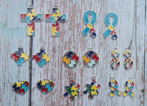 sowaka 16 Pcs Autism Awareness Charms with Hole Enamel Puzzle Heart Cross Circle Ribbon Shape Pendants for Jewelry Making Kits Necklace Bracelet E...