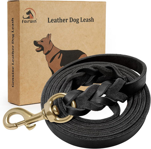 FAIRWIN Leather Dog Leash 6 Foot - Braided Best Military Grade Heavy Duty Dog Leash for Large Medium Small Dogs Training and Walking (Black, S:1/2...