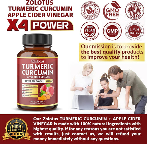 7 in 1 Turmeric Curcumin + Apple Cider Vinegar Capsules, Equivalent to 4080mg, 3 Month Supply with Ashwagandha, Ginger, Garlic Bulb, 95% Standardi...