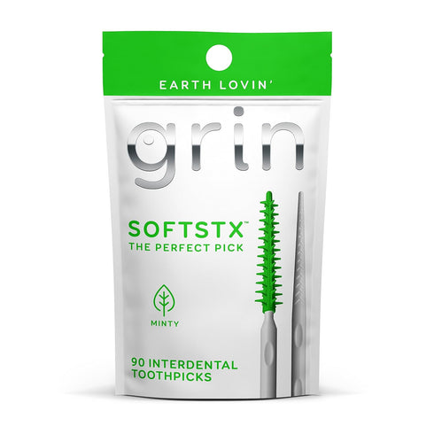 Grin Softstx, Gentle Dental Picks, 90 Count, Soft Flexible Bristles, Textured Plaque Removing Toothpick, Minty Flavor, for Between Teeth, Refillab...