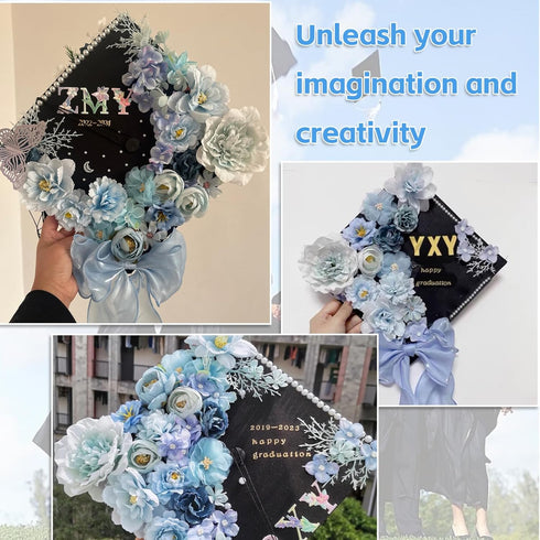 44 Pieces Graduation Cap Decorating Kit, Assorted Artificial Flowers, Rhinestones, Alphabet and Number Stickers and Butterflies for DIY Grad Cap T...
