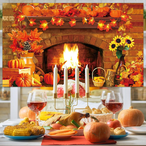Fall Thanksgiving Decoration Thanksgiving Fireplace Backdrop Autumn Harvest Pumpkin Background Thanksgiving Day Maple Leaf Sunflower Banner For Th...