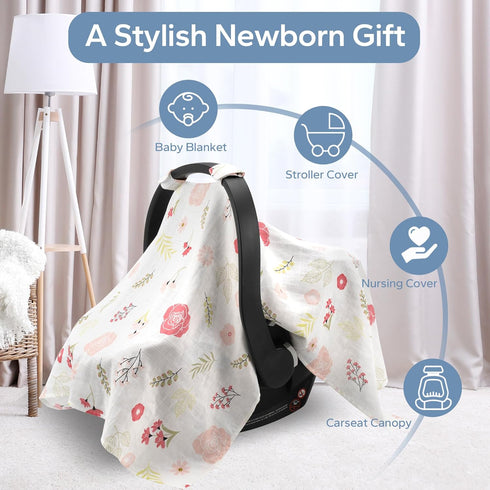 SERAPHY Muslin Car Seat Covers for Babies, Breathable Baby Car Seat Cover for Boys and Girls, Cotton Infant Carseat Canopy Covers -Flowers...