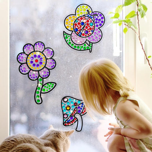atydkug Window Gem Art Diamond Kits Painting for Kids - Fun Arts & Crafts 6 Sheets Flowers Gem Art Painting Kits by Numbers for Girl, Birthday Par...
