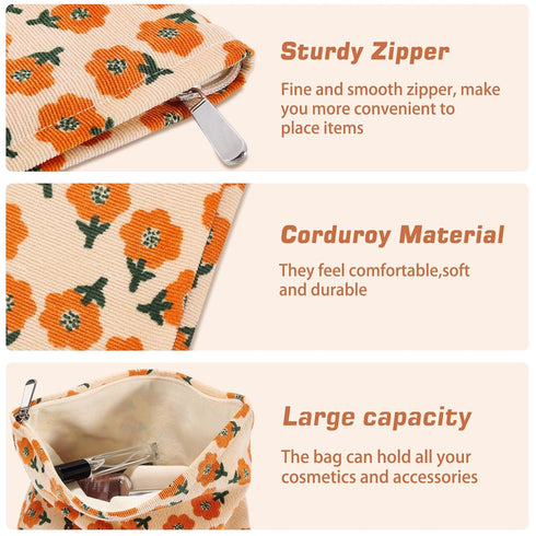 2Pcs Daisy Flower Makeup Bag Travel Cute Cosmetic Bags for Women Large Floral Makeup Pouch Zipper Cosmetic Pouch Set for Purse Aesthetic Corduroy ...