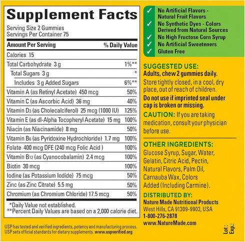 Nature Made Multivitamin Gummies, Dietary Supplement for Daily Nutritional Support, 150 Gummy Vitamins and Minerals, 75 Day Supply...