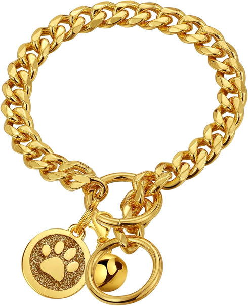 Gold Dog Collar 10mm Slip Collar Gold Cuban Link Dog Chain Collars Stainless Steel Heavy Duty Gold Collar for Dogs.(14")...