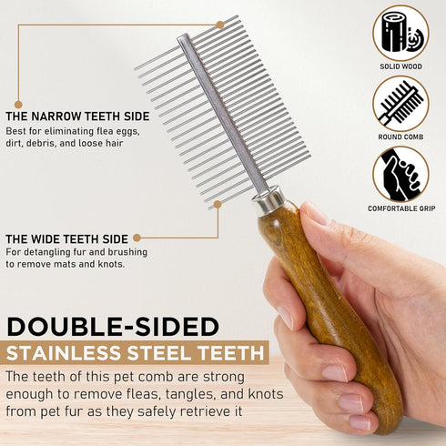 Takavu Detangling Pet Comb, Double-Sided Stainless Steel Teeth for Grooming Pets Hair, Fur Detangling Pins Safely Remove Knots & Tangles for Healt...