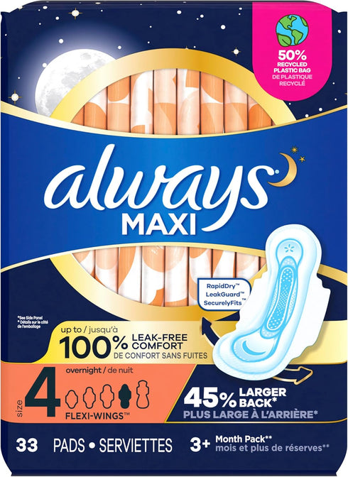 Always Maxi Pads Size 4 Overnight Absorbency Unscented with Wings, 33 Count...