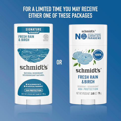 Schmidt's Aluminum-Free Vegan Deodorant Fresh Rain & Birch with 24 Hour Odor Protection, 2 Count for Women and Men, Natural Ingredients, Cruelty-F...