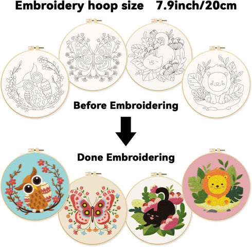 ORIGACH 4 Pack Animals Embroidery Kits for Beginners, DIY Starter Hand Embroidery Kit with Cartoon Owl Butterfly Cat Lion Patterns and Instruction...