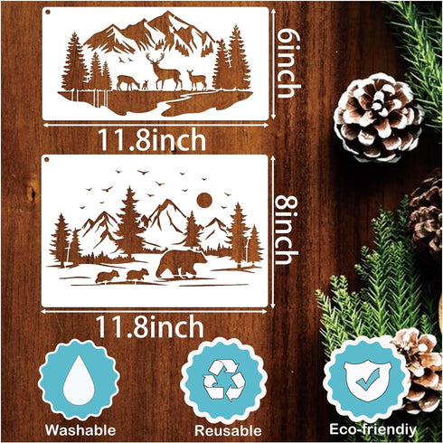 12 Pieces Mountain Stencils Pine Tree Stencils for Painting on Wood Reusable Forest Deer Bear Drawing Templates for Wood Burning Furniture Wall Fa...