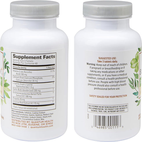 Quantum Health SuperLysine+ Advanced Formula Immune Support Supplement Lysine 1500 mg, Vitamin C Echinacea Licorice Bee Propolis & Odorless Garlic...