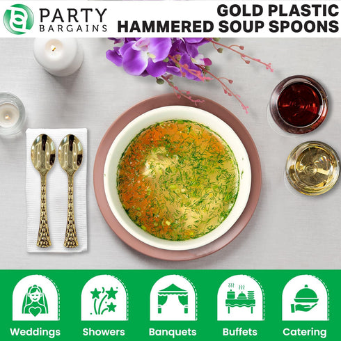 Party Bargains Disposable Hammered Cutlery Soup Spoons, 40 Count, Gold, Heavy Duty Plastic Flatware Cutlery Utensils, Excellent for Weddings, Birt...