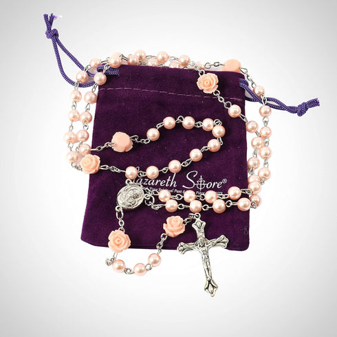 Nazareth Store Catholic Pink Pearl Beads Rosary Necklace Maddona Holy Soil Medal & Cross Crucifix...