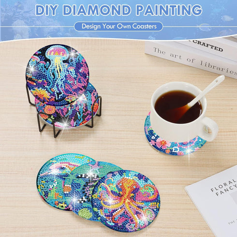 croshom 8 Pcs Ocean Creatures Diamond Art Painting Coasters Kits with Holder Ocean Creature Diamond Art Coaster with Cork Bases for Adults Diamond...