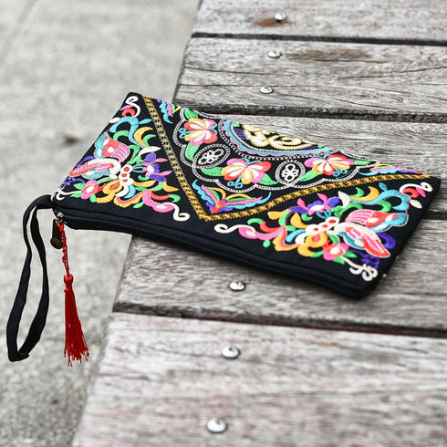 Floral Embroidered Boho Wristlet Women Girls Evening Clutch Bags Handbags Handmade Beach Bag With Lanyard...