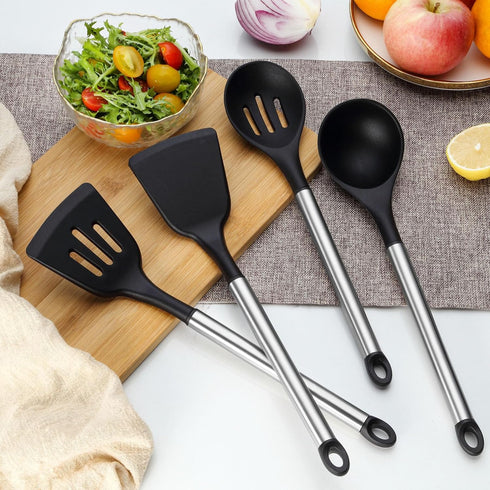 Pleafind 4-Pcs Silicone Cooking Utensils Set, Wok Utensils Set Include Wok Ladle, Slotted Spoon, Solid Spatula and Slotted Spatula, Silicone and S...