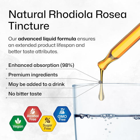 Rhodiola Rosea Supplement Liquid - Organic Rhodiola Rosea Extract - Vegan Adaptogenic Drops for Mood & Brain Support - Alcohol & Sugar Free Rhodio...