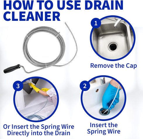 Professional Slow Drain Cleaner and Clog Remover - 10-Foot Metal Snake for Hair, Food, Debris, and Garbage Removal from Pipes, Plumber Tools...