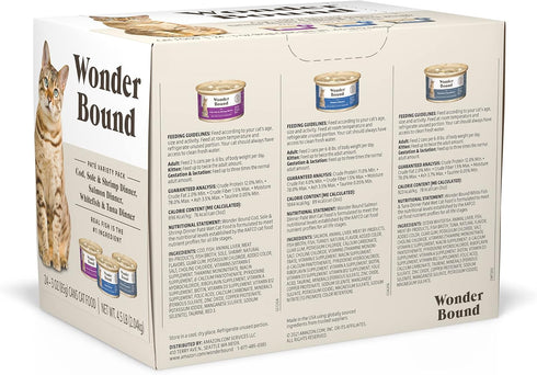 Amazon Brand - Wonder Bound Wet Cat Food, Pate, No Added Grain, Variety Pack (Cod, Sole & Shrimp, Salmon, White Fish & Tuna), 3 ounce (Pack of 24)...