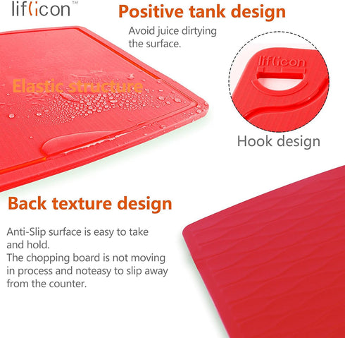 Thick Silicone Cutting Board 12.6'' x 9.1'' Juice Grooves Easy Grip Handle Dishwasher Safe-Red...