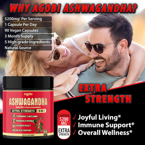 12:1 Extract Ashwagandha Capsule Supplement - 3-Month Supply for 90 Counts - Curcumin Turmeric Root, Rhodiola Rosea Root, Ginger Root & Black Pepp...