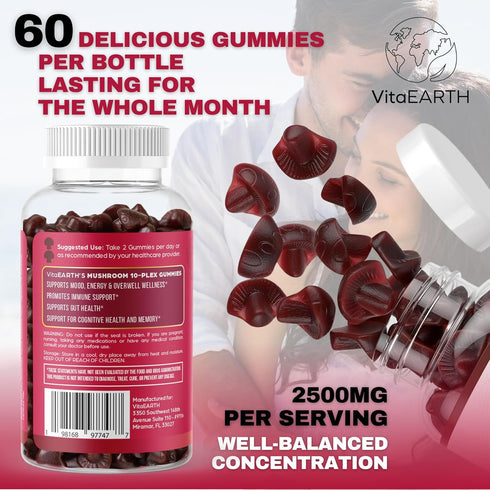 Mushroom Complex Gummies – 60-Count 2500mg Mushroom Gummies with Lion’s Mane, Reishi, Cordyceps, Shiitake, Chaga – Strawberry Gummy Supplement for...