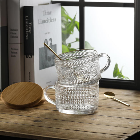 LANDNEOO 4pcs Set Vintage Coffee Mugs gifts for women, Overnight Oats Containers with Bamboo Lids and Spoons - 14oz Clear Embossed Glass Cups, Cut...