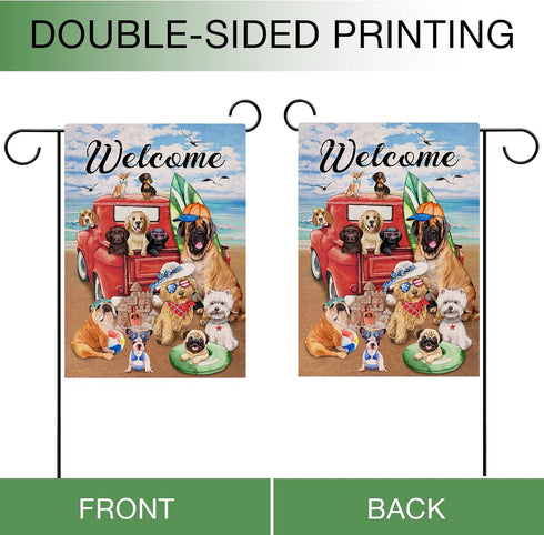 Welcome Summer Dogs Red Truck Beach Garden Flag Double Sided, Ocean Coastal Nautical Pickup Decorative Yard Outdoor Small Decor Home Outside Decor...