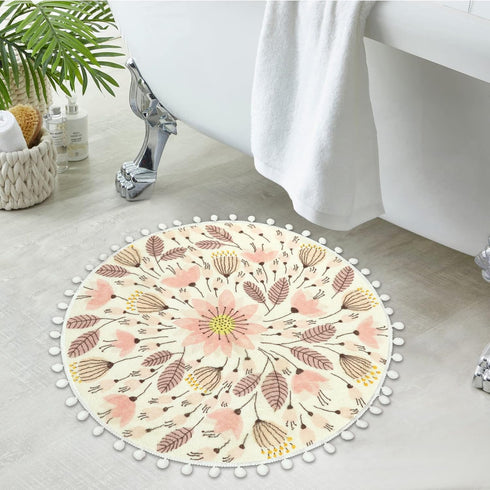 Uphome Small Round Rug 2’ Circle Cute Bath Mat with Pom Poms Fringe Floral Plant Washable Bathroom Rugs Soft Non-Slip Circular Throw Rug Carpet fo...