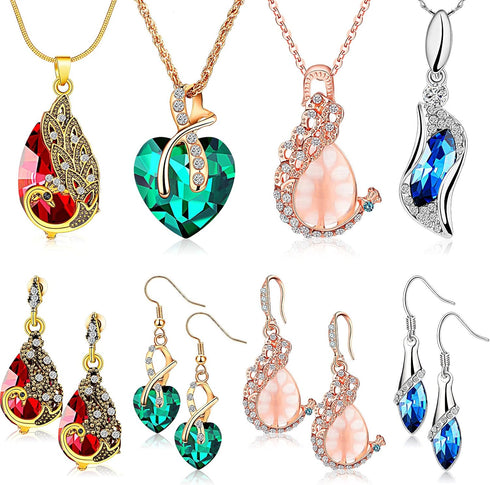MTLEE 4 Sets Peacock Jewelry for Women, Valentine's Day Gifts Crystal Necklace Earrings, Rhinestone Waterdrop Pendant, Heart Charm Hook Earrings f...