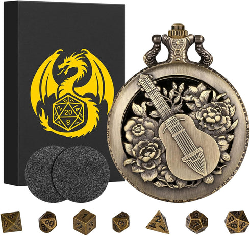 Mini DND Dice Set Steampunk Hollow Bard Pocket Watch Shell Case, 7pcs Tiny Polyhedral Metal D&D Dice Set, Dungeons and Dragons Gifts with Gift Box...