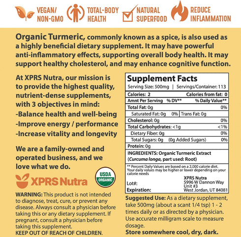 XPRS Nutra Organic Turmeric Curcumin Powder Extract 10:1 - Premium USDA Organic Curcumin Powder for Immunity - Vegan Friendly Pure Curcumin for Gu...