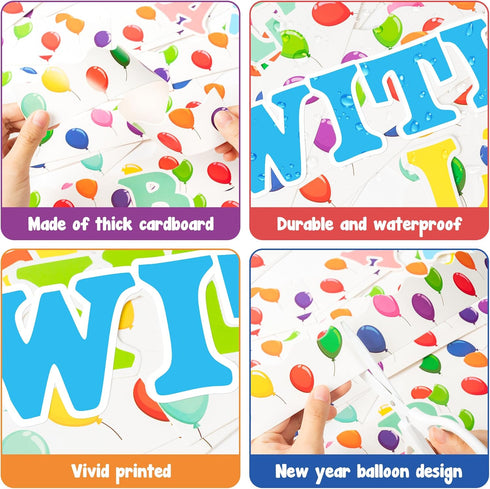 56pcs Happy New Year Chalkboard Set with 50pcs Balloons and 10 Sheets Glue Points, Let’s End This Year with A Bang Funny Paper Cut-outs School Cla...