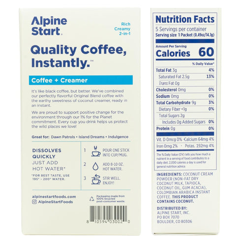 Alpine Start Instant Coffee Packets with Creamer Single Serve - Individual Latte Powder Mix from Arabica Coffee Beans with Non-Dairy Cream for Tra...