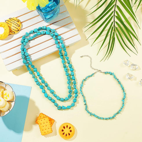 Glenmal 2 Pieces Long Turquoise Beads Endless Necklace Turquoise Choker Necklace Boho Western Necklaces for Women Handmade Turquoise Jewelry, 47''...