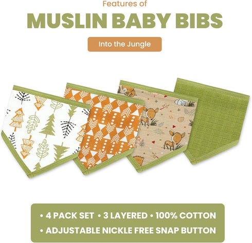 DREAMS & DIMPLES Muslin Baby Bibs with Adjustable Nickle Free Snap Button Cotton Bib 4 Pack Bandana Bib for Newborn - Toddler...