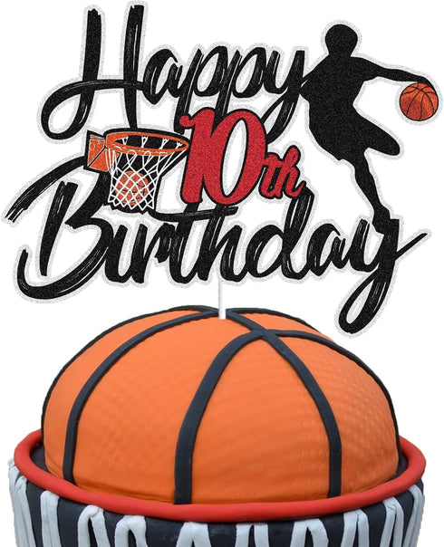 Basketball Happy 10th Birthday Cake Topper 10 Ten Years Old Basketball Player Scene Cake Decoration Sport Theme Tenth Birthday Party Event Supplie...