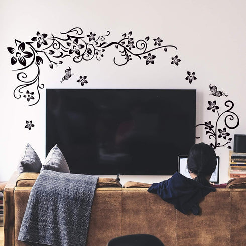 LiveGallery Removable Black Vinyl Flowers Wall Decals DIY Flower Vines and Butterfly Wall Stickers Decor Peel Stick Art Decoration for Teens Room ...