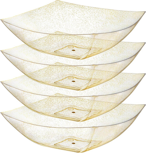 Posh Setting Square Plastic Serving Bowls, Medium Gold Glitter Plastic Serving Bowls, 4 Pack Plastic Disposable Party Snack, Buffet, Chips, or Sal...