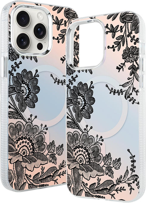 BITOBE Designed for iPhone 15 Pro Max Clear Case,Cute Aesthetic Black Flowers Magnetic Phone Case Compatible with MagSafe for Women Girls Men Came...