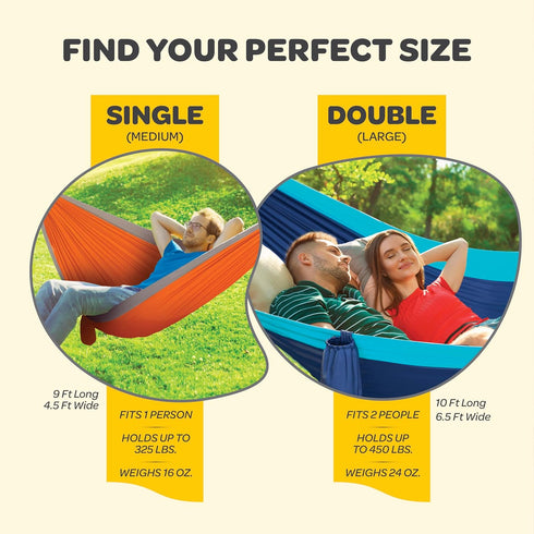 Durable Hammock 500 lb Capacity, Nylon Camping Hammock Chair - Double or Single Sizes w/Tree Straps and Attached Carry Bag - Portable for Travel/B...