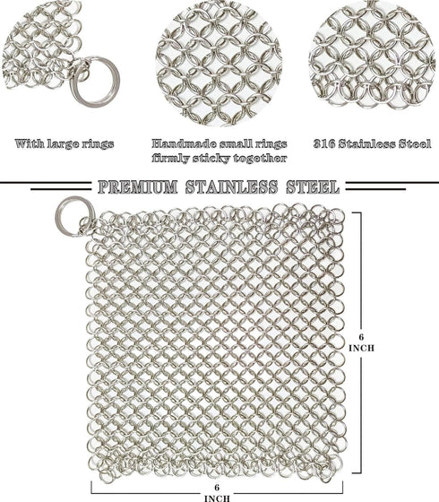Cast Iron Scrubber 6 Inch Stainless Steel Scrubber Cast Iron Cleaner Household Chain Scrubber for Cast Iron Pans, Skillet, Wok, Pot, Dutch Ovens C...