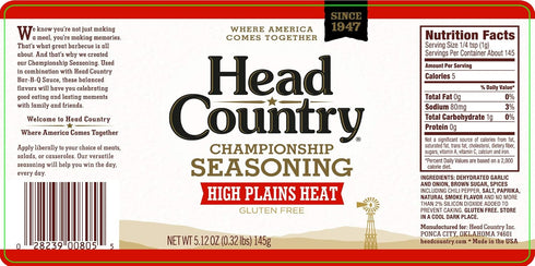 Head Country Bar-B-Q Championship Seasoning, High Plains Heat Gluten Free All-Purpose Barbecue Seasoning Extra Spicy Dry Rub To Turn Up The Heat O...