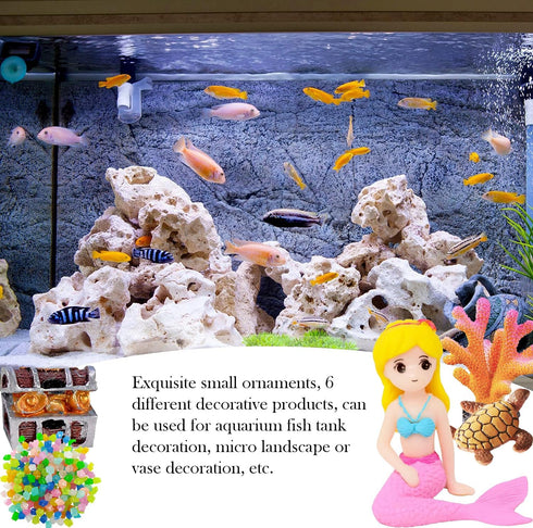 Fish Tank Aquarium Decoration Set, Mini 100pcs Glowing Pebbles Liminous Rocks, Teatle Mermaid Starfish Coral Treasure Chest Ornaments for Micro La...