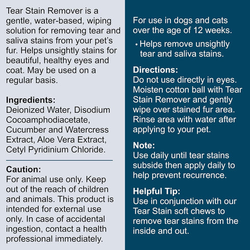 Tear Stain Remover for Dogs and Cats - 4 oz Solution - Dissolves Eye Buildup and Gunk, Reduces Staining - Water Based with Aloe Vera and Cucumber ...
