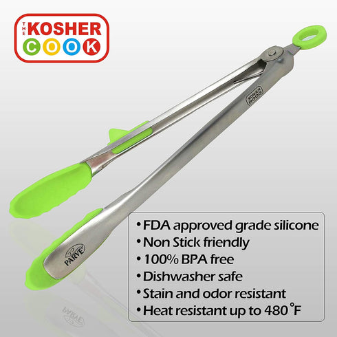 Parve Green Locking Kitchen Tongs – 12” Heavy Duty Multipurpose Tool - Stainless Steel with Non-Stick Silicone Tips - Color Coded Kitchen Tools by...