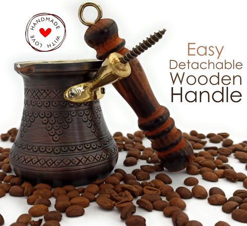 PCZ Series (Small-6 fl.oz) Thickest Solid Copper Engraved/Stamped Turkish Greek Arabic Coffee Pot with Wooden Handle, Stovetop Coffee Maker Cezve ...